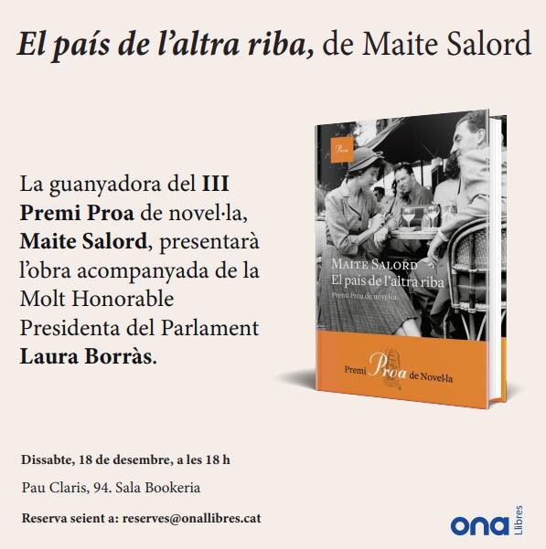 📙Dissabte 18, 18:00h, amb <a href="/LauraBorras/">Laura Borràs 🎗</a>, presentarem la novel•la El país de l’altra riba #PremiProa2021 a la llibreria Ona de #Barcelona. Serà un luxe poder parlar amb ella d’Alger, Fort de l’Eau, Menorca, Barcelona, els Gold, Bisset, Vidal... No us ho podeu perdre!