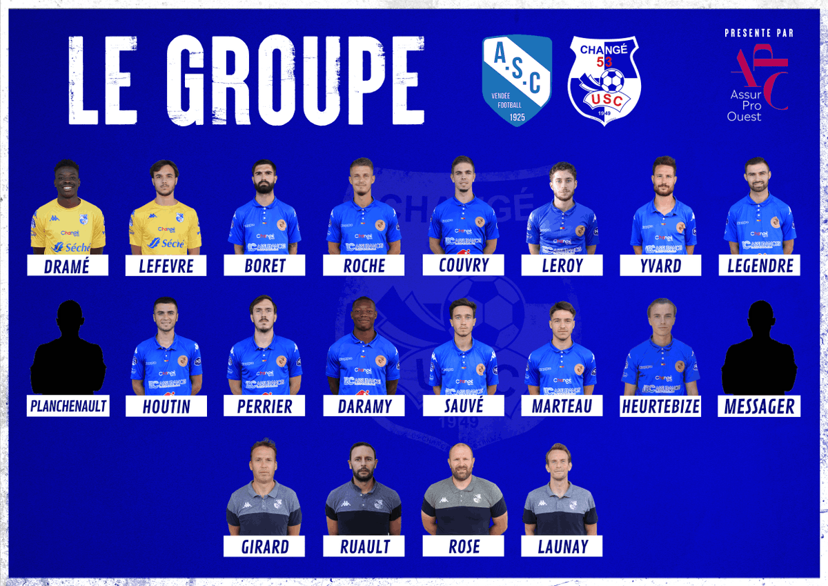 uschangefoot's tweet photo. #ASCUSC 🏆

⏳ Assur Pro Ouest, courtier en assurances et conseiller en gestion de patrimoine, vous présente le groupe retenu par Bertrand Girard 🔥🔵⚪

🆚 Amicale Sportive Châtaigneraie Vendée Football 

⏱︎ Coup d'envoi à 18H

#National3 #TeamUSC 🏟🔵⚪ https://t.co/YlhlnebN36