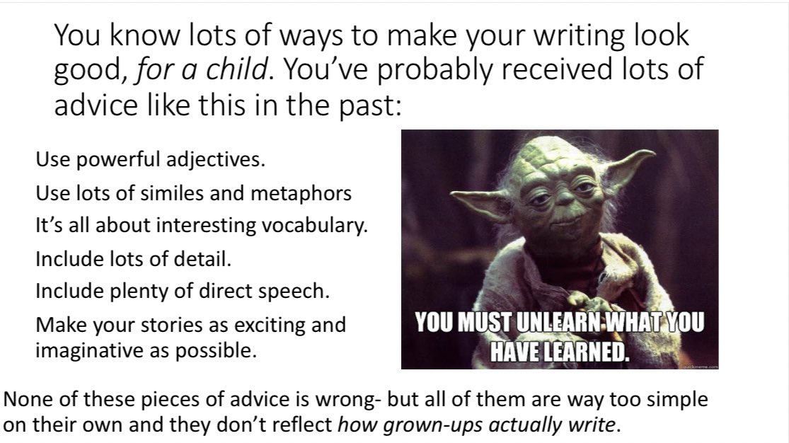 Zoë Paramour (@zoeparamour) on Twitter photo This term, @timparamour and I have been thinking about advice to give to competent Year 6 writers to help move them on. We shared some of these tips in our <a href="/NewVoices3/">New Voices</a> talk but here’s the full thread: This term, @timparamour and I have been thinking about advice to give to competent Year 6 writers to help move them on. We shared some of these tips in our <a href="/NewVoices3/">New Voices</a> talk but here’s the full thread: