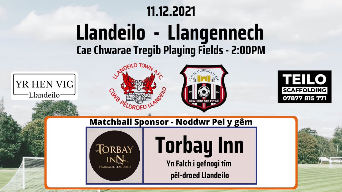 Game On! 

Today’s home game against Llangennech, kindly sponsored by The Torbay Inn Ffairfach! Diolch i chi a pob lwc lads! 

#lanydeilo #uppadeilo