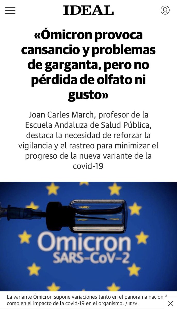 «Ómicron provoca cansancio y problemas de garganta, pero no pérdida de olfato ni gusto»

En entrevista de <a href="/Chema_Ruiz22/">Chema Ruiz España</a> <a href="/ideal_granada/">ideal_granada</a>, destaco la necesidad de reforzar la vigilancia y el rastreo para minimizar el progreso de la nueva variante #covid19 

✅ideal.es/granada/destac…