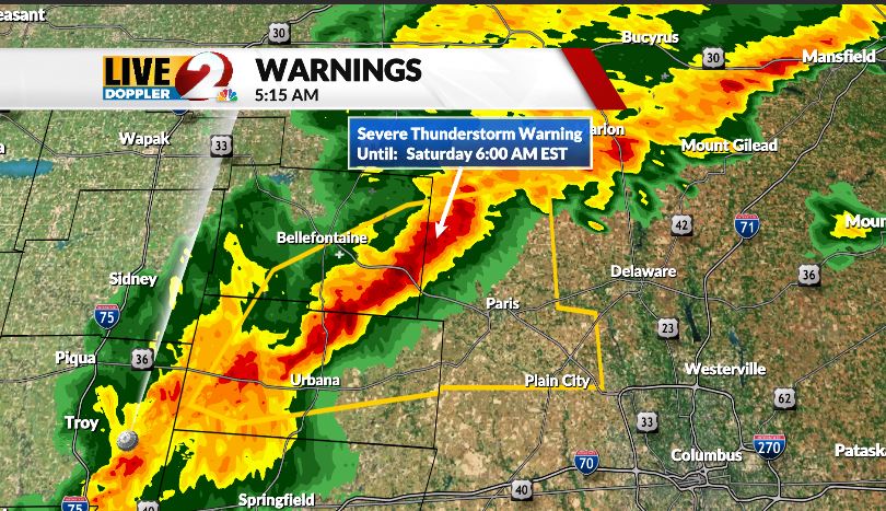 CarlySmithWX's tweet photo. A line of storms remains strong across Logan and Champaign County. A new Severe Thunderstorm Warning was issued for the region until 6 AM. Damaging wind gusts up to 60 mph may impact trees and power lines. 
https://t.co/lxlpZ7Pkag https://t.co/9sji2Ckhbf