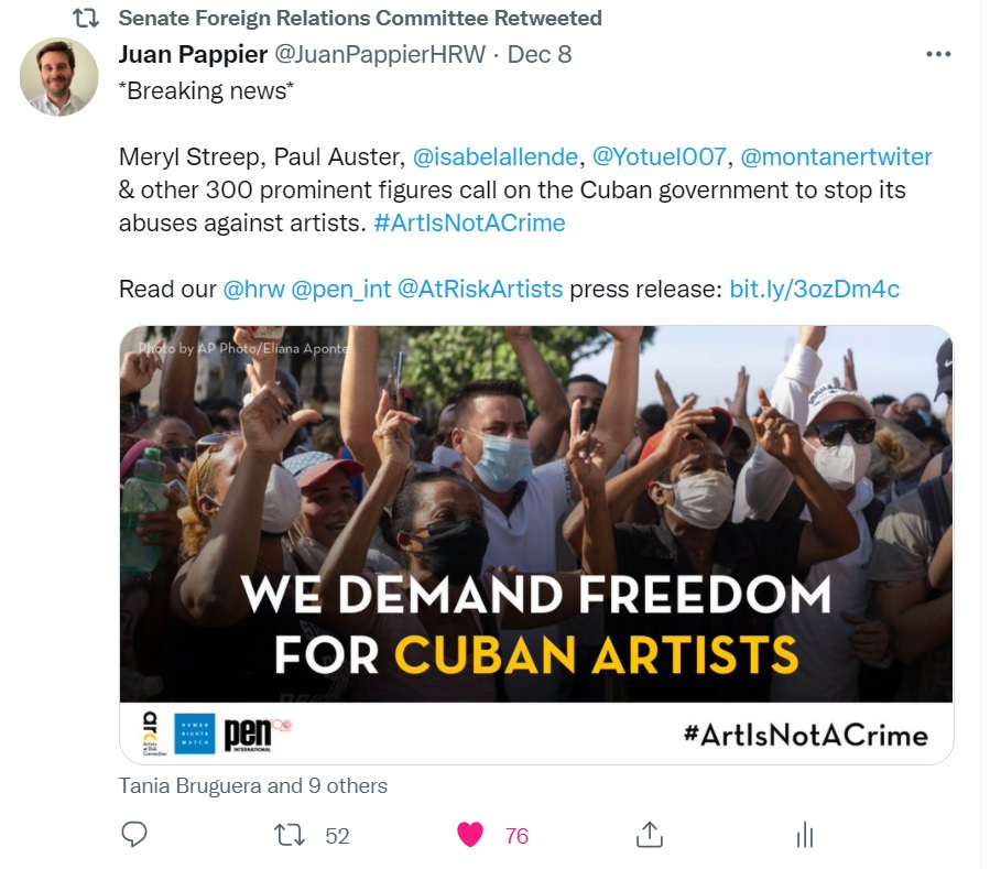 Thanks @SFRCdems for spreading the word about our  campaign to end repression against artists in Cuba. #ArtIsNotACrime 

@HRW @pen_int @AtRiskArtists @Mov_sanisidro @BrugueraEstudio @27Ncuba