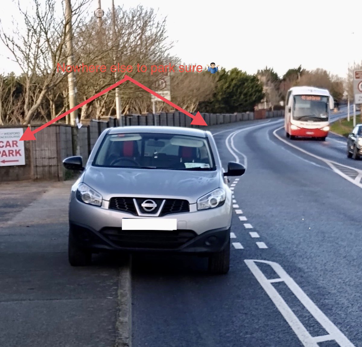 WexBug's tweet photo. Dear 💜💛 drivers,
Please do not park your vehicle in mandatory cycle lanes, especially when there’s FREE legal parking just 10 metres away 🤷🏻‍♂️!!

When you 🚘 do this, you endanger and inconvenience bicycle 🚴🏻 users and users of motorised wheelchairs 👨‍🦼. 
#ThinkB4UPark #wexford https://t.co/3g4bYvkva0