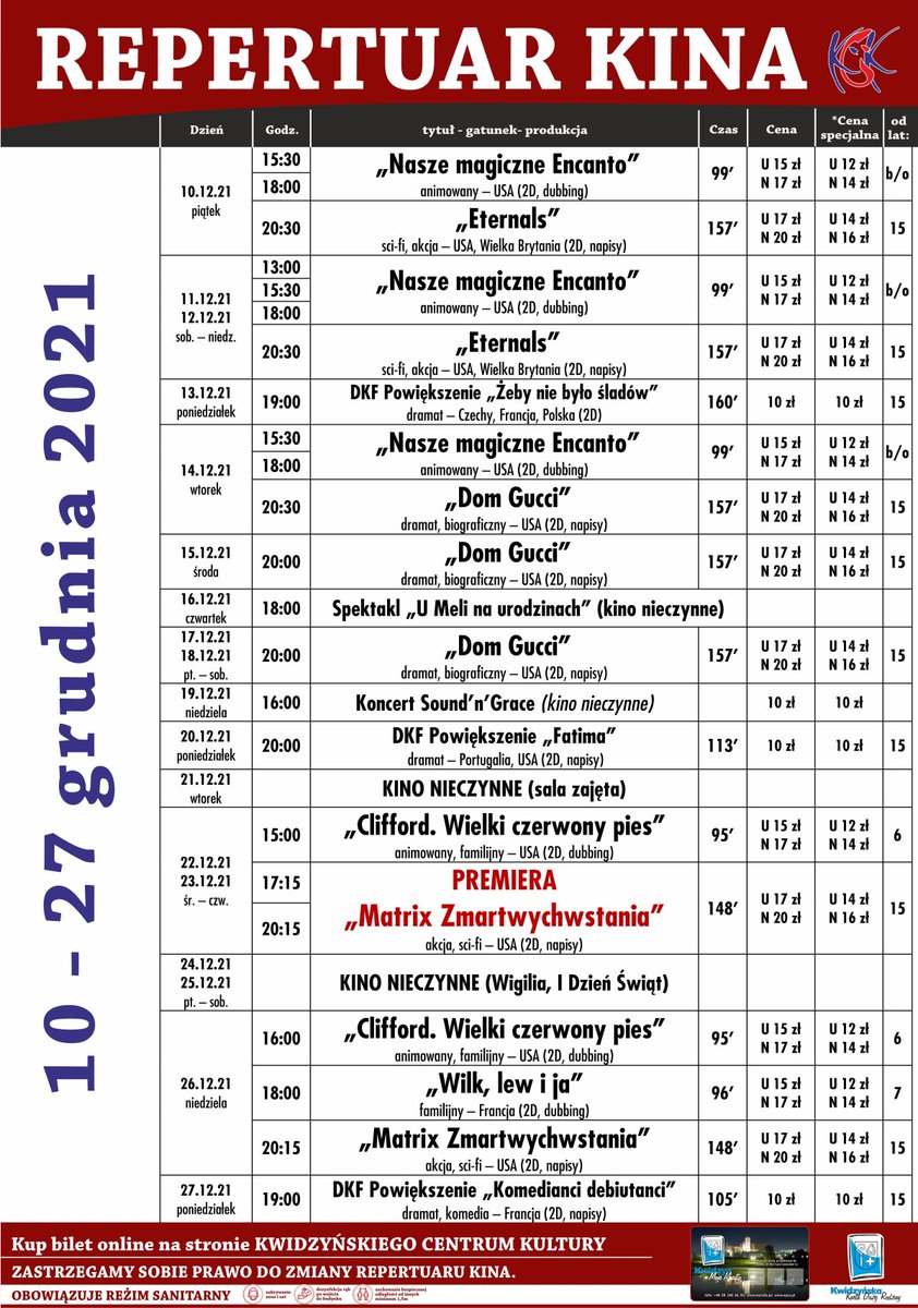 🎬 Repertuar kina od 10 do 27 grudnia 2021 r.
➡️ kck-kwidzyn.vectorsoft.pl/MSI/mvc/pl