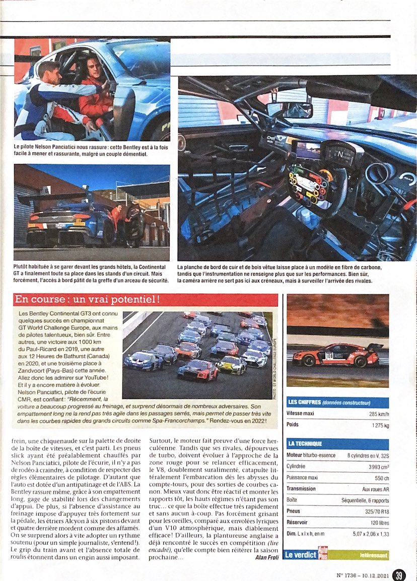 nelsonpancia's tweet photo. Ils ont tout essayé ! … y compris la Bentley Continental GT3 de l’équipe @CMR_racing 💪 Thank’s @AutoPlusMag ✅ #autoplus #essais #presse #gt3 #bentleymotors #GTWorldChEu #Q8Oils #prolubs #pullinstagram #ralftech #p1racewear https://t.co/HHlQLVJiB6
