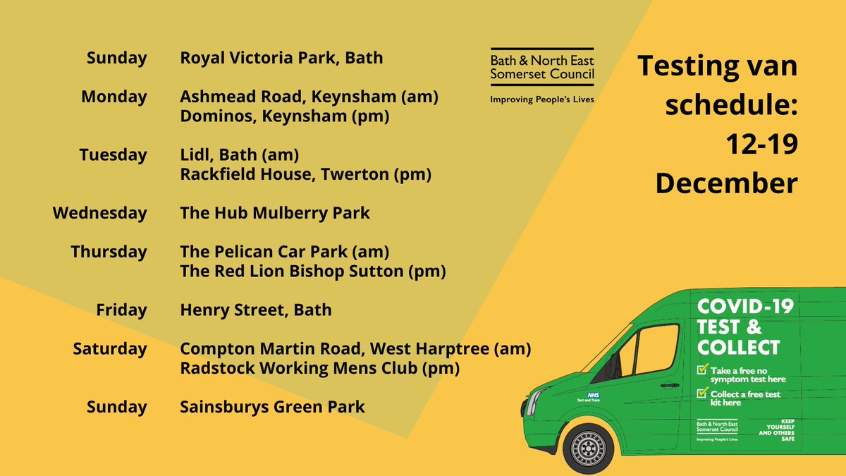 👀 Look out for the <a href="/bathnes/">Bath & North East Somerset Council</a> mobile testing van to get a rapid lateral flow COVID-19 test, supervised by a trained person. 

Here are the locations from tomorrow to 19th December 👇. No booking required.