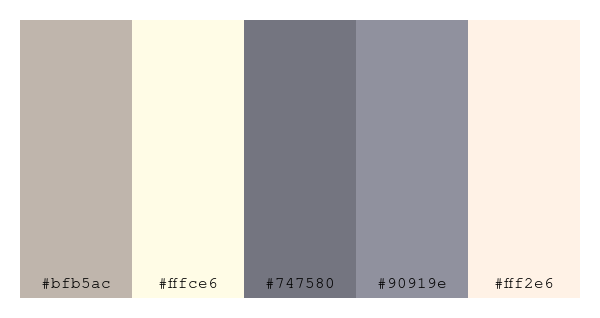 ColPaletteBot's tweet photo. Beep beep, here's a pretty color palette for you!
color-scheme.js parameters used:
- hue: 251
- variation: pale
- colors: #bfb5ac, #fffce6, #747580, #90919e, #fff2e6
Have a lovely day!
#twitterbot #colorpalette #colors #palette #prettycolors https://t.co/cLt1lXc2UV