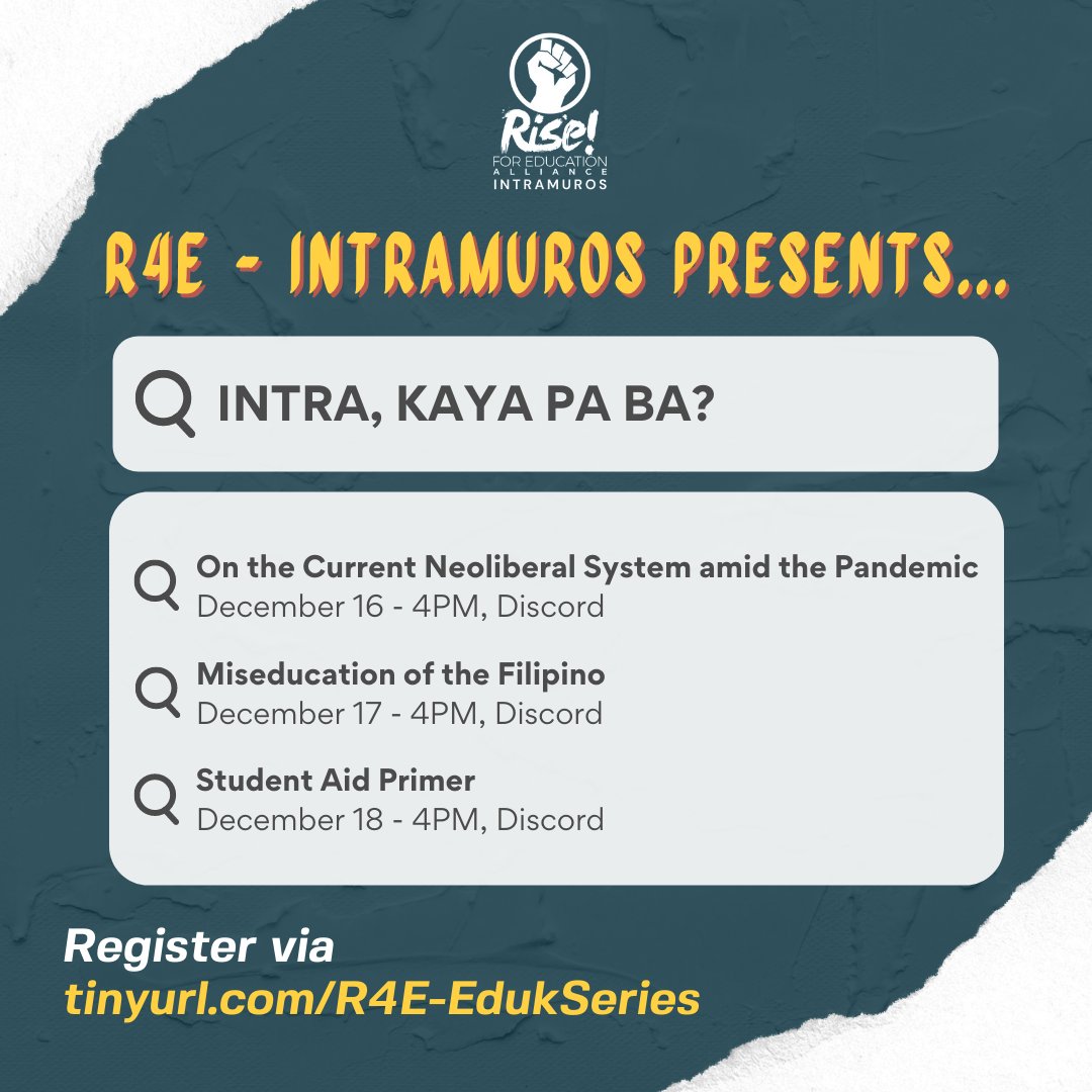 MAY LIMITED F2F NA PALA? 😱 KAYA PA BA, INTRA? 🤯.

Ready or not ready, R4E presents, 'Intra, Kaya Pa Ba?', isang serye ng mga diskusyon na gaganapin via Discord! 

Register here:
🔗 tinyurl.com/R4E-EdukSeries

#LigtasNaBalikEskwela
#JoinR4EIntramuros
#RiseForEducation