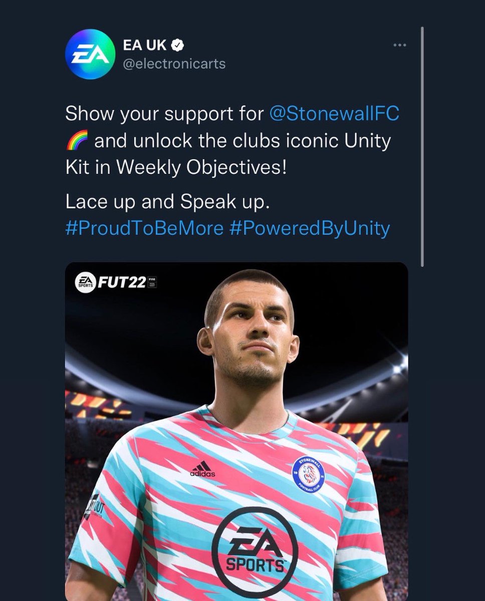 Proud day for <a href="/StonewallFC/">Stonewall FC</a> and inclusion within football as @electronicarts add our Unity strip to FIFA22 in game to mark this years #rainbowlaces 🏳️‍🌈 ⚽️ 🏳️‍⚧️