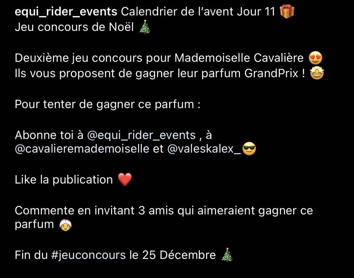 Calendrier de l’avent Jour 11 🎁
Un nouveau jeu concours de Mademoiselle Cavalière : un parfum Grand Prix à gagner 🤩🐴
#CalendrierDeLavent #Noel #JeuConcours