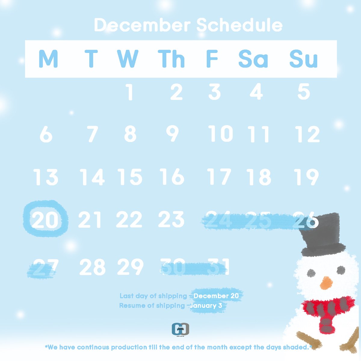 geenixgrafix's tweet photo. #geeupdates
Hello! Here is our schedule for this month.
If you needed an item for month you can still order until the 18th. But we have continuous prod till the 29th and shipment will all resume on January 3rd. ☺️💙

Thank you!
Happy Holidays guys and take extra care too! https://t.co/n0OAbepCAj