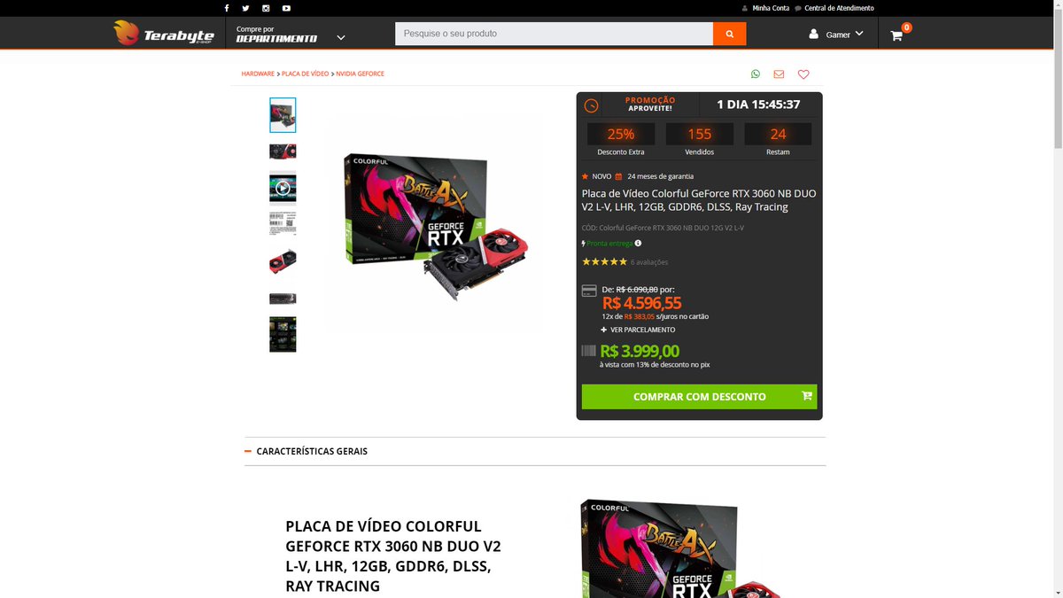 RTX 3060 COLORFUL DUO R$ 3.999 2 ANOS DE GARANTIA DIRETO NA TERABYTE terabyteshop.com.br/produto/19167/…