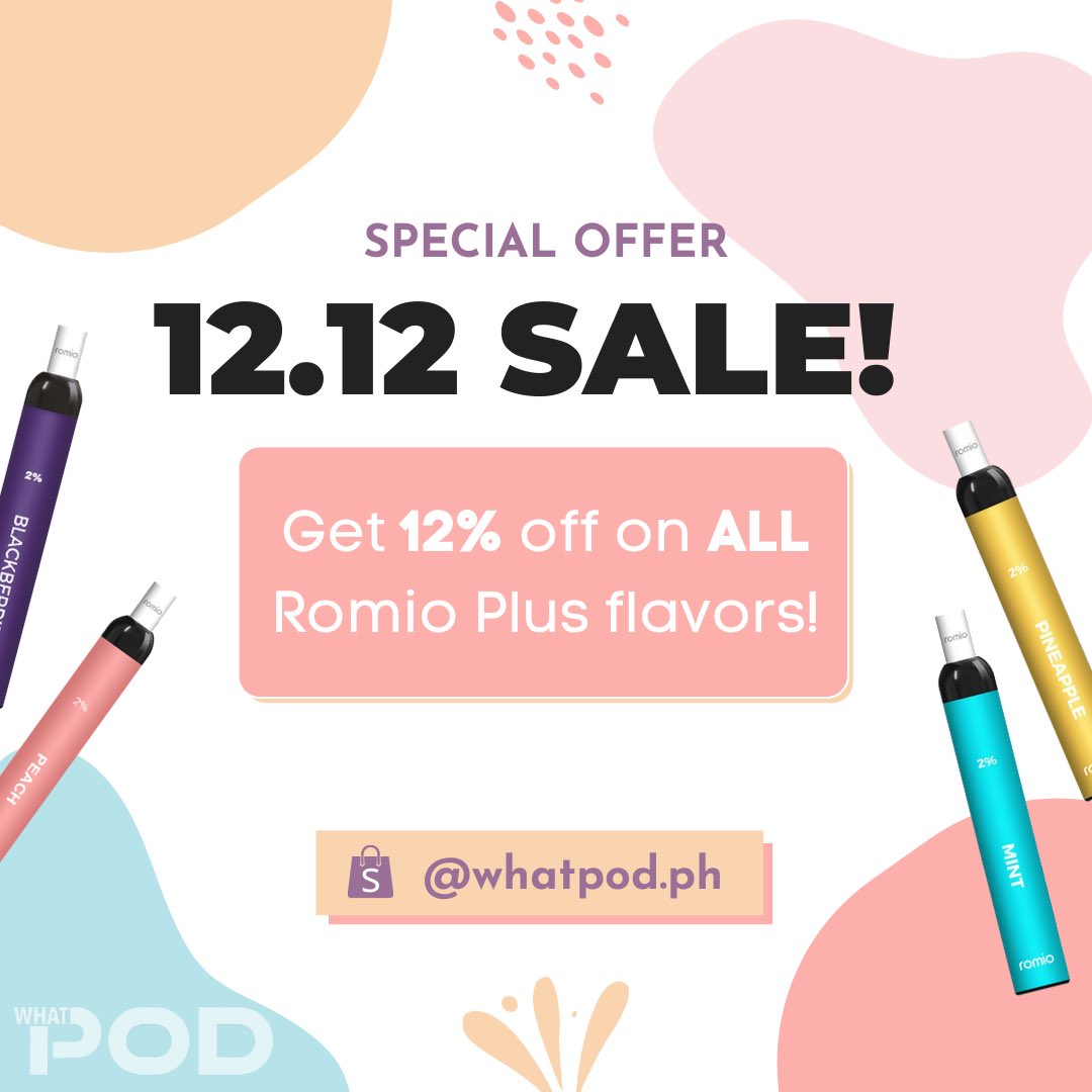 whatpodph's tweet photo. 🚨 12.12 Mega Sale tonight 🤩

#vapelife #vape #disposable #shopee #saleph #discount #promo #romioplus #whatpodph https://t.co/VsyuPknuH2