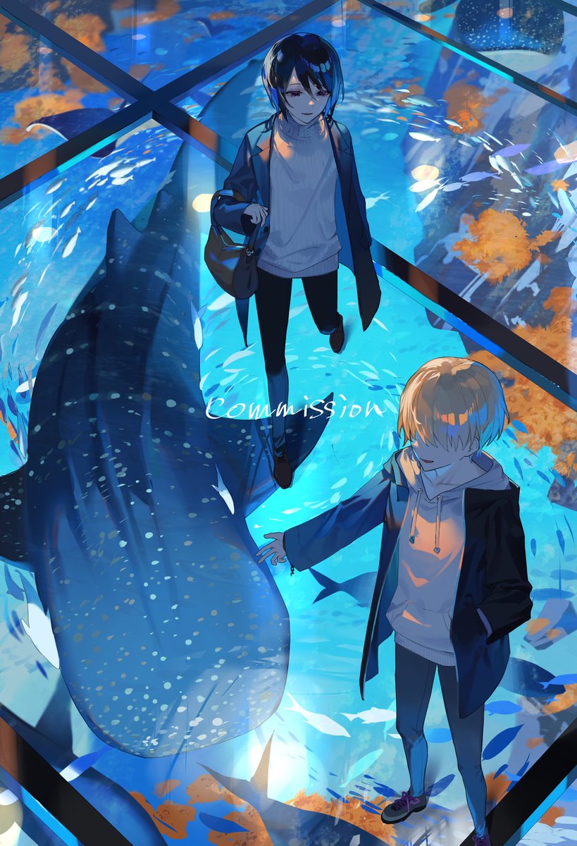 multiple boys 2boys jacket black hair blonde hair hoodie aquarium  illustration images