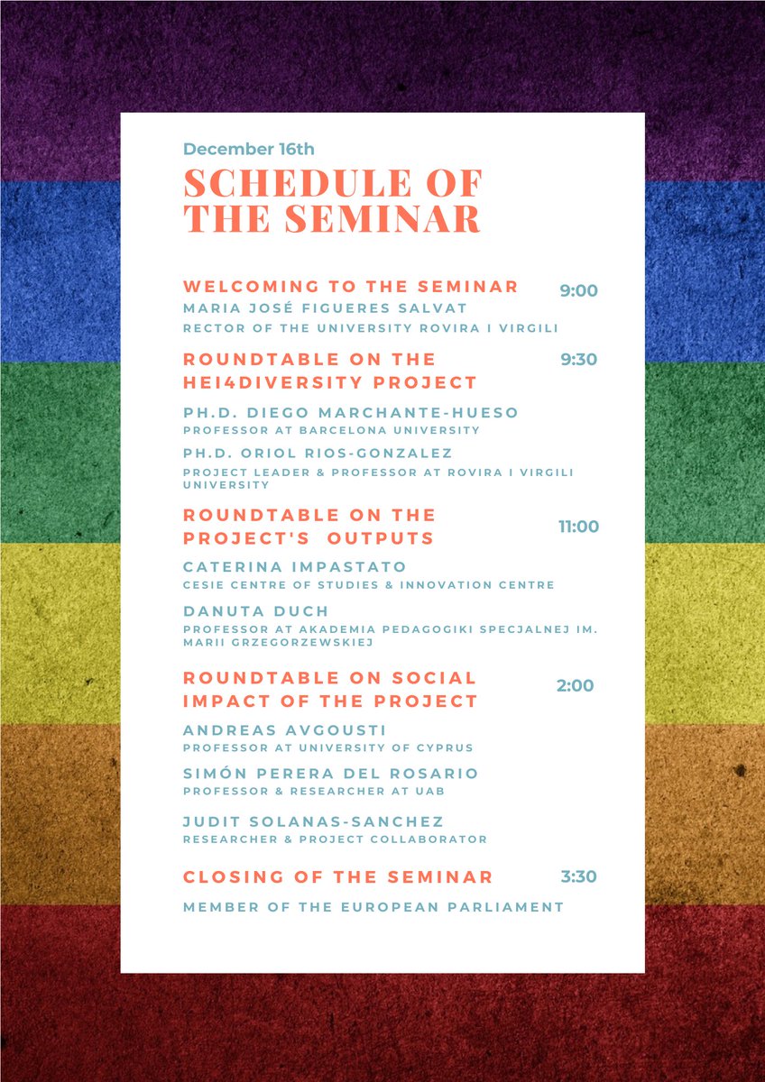Hei4Diversity's tweet photo. Here we have the program for the official closure of the project. Relevant #academic, #social &amp; #political actors will join it to generate change towards #LGBTQI+ #inclusivity in #universities🏳️‍🌈

🗓️ 16/12
📍  Zoom
📝https://t.co/qjrbPrlTT2
@sepiegob @EUErasmusPlus @universitatURV https://t.co/VCQkzd805E