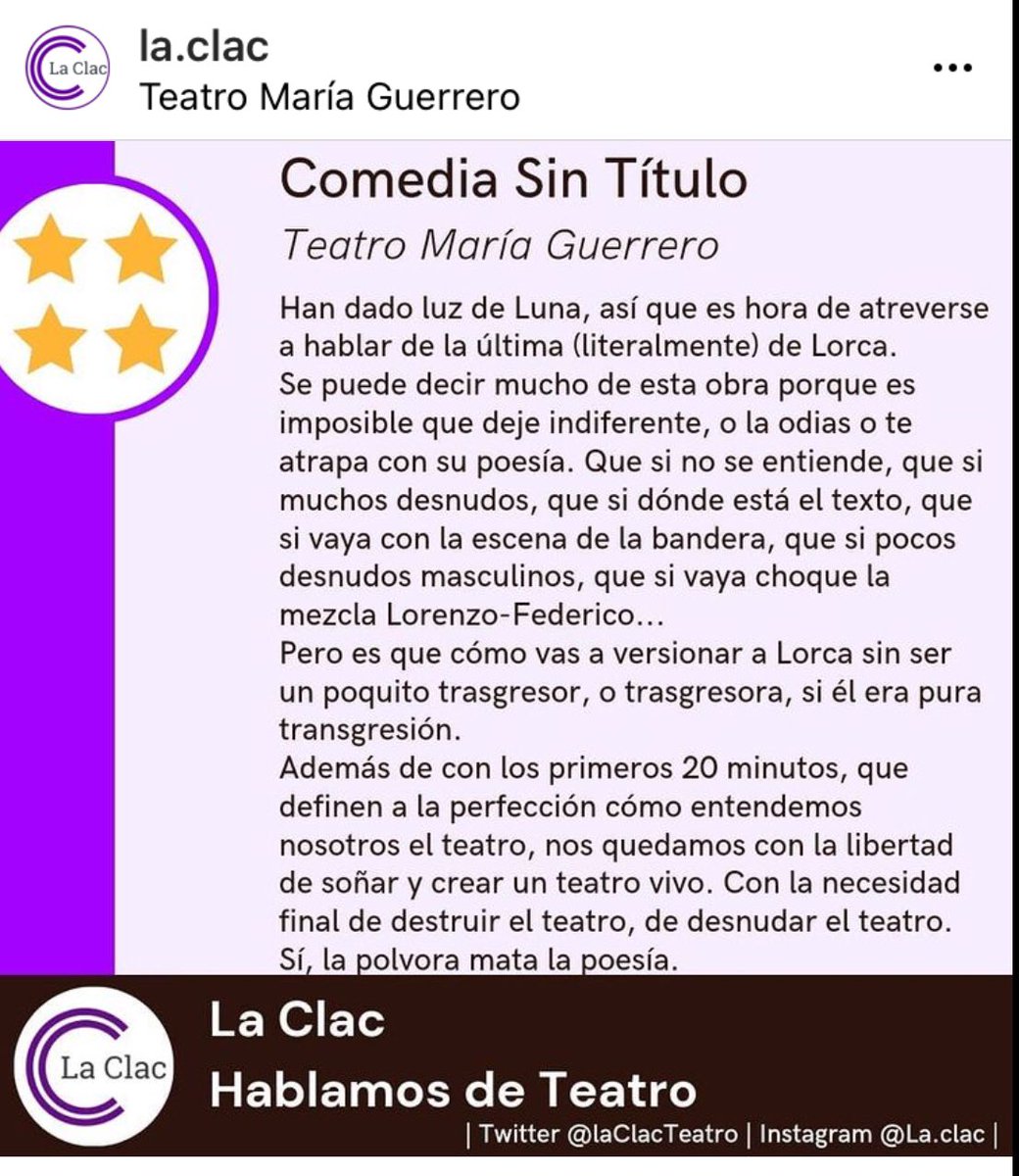 La.Clac EN CARTEL
“Comedia sin Título” ⭐️⭐️⭐️⭐️ <a href="/centrodramatico/">CDN</a> Curioso. Nadie cuestiona la fuerza de las palabras en Lorca. Pero ahora  @martapazoss <a href="/voadorateatro/">Voadora</a> llena a Lorca con performance e imágenes con su misma fuerza. Imposible quedar indiferente instagram.com/la.clac?utm_me…