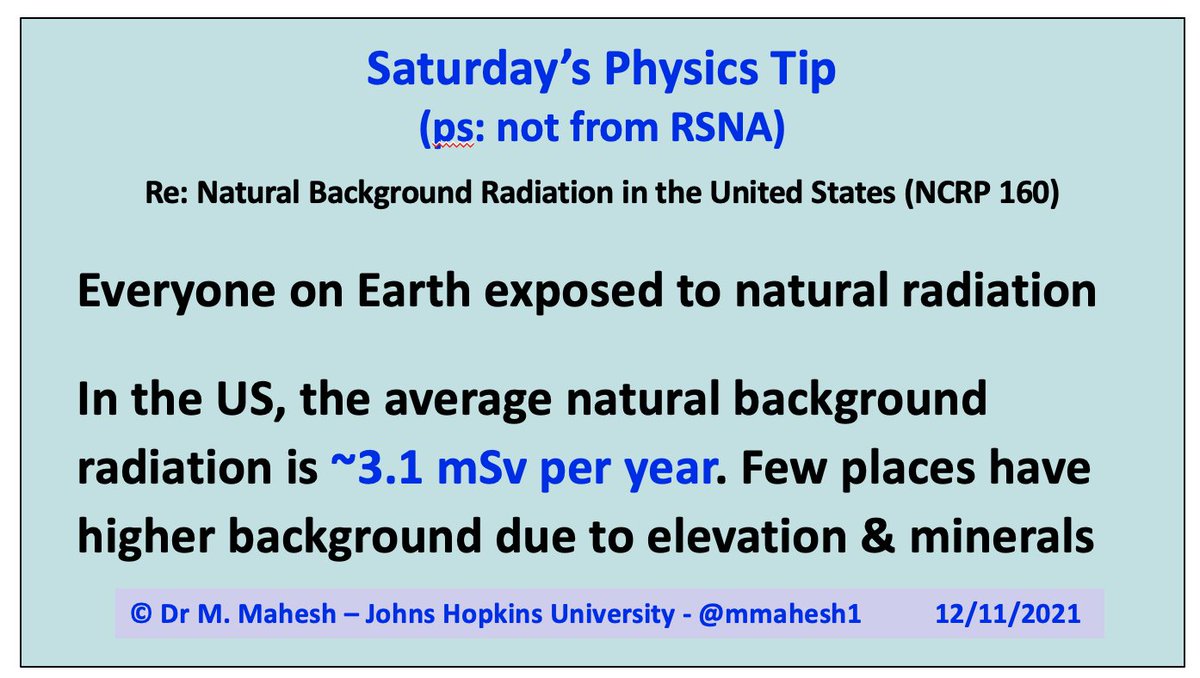 mmahesh1's tweet photo. Saturday's Physics Tip - Post @RSNA

From lectures given @Hopkins_Rad
@HopkinsMedicine 

About Natural Background Radiation

Those preparing for @ABR_Radiology
physics exam [@aapmHQ @aapmstsc @ACRYPS
@IOMP_Official @ICRP @NCRP_USA 
@EFOMP_org ] https://t.co/l0ZpmSe86m