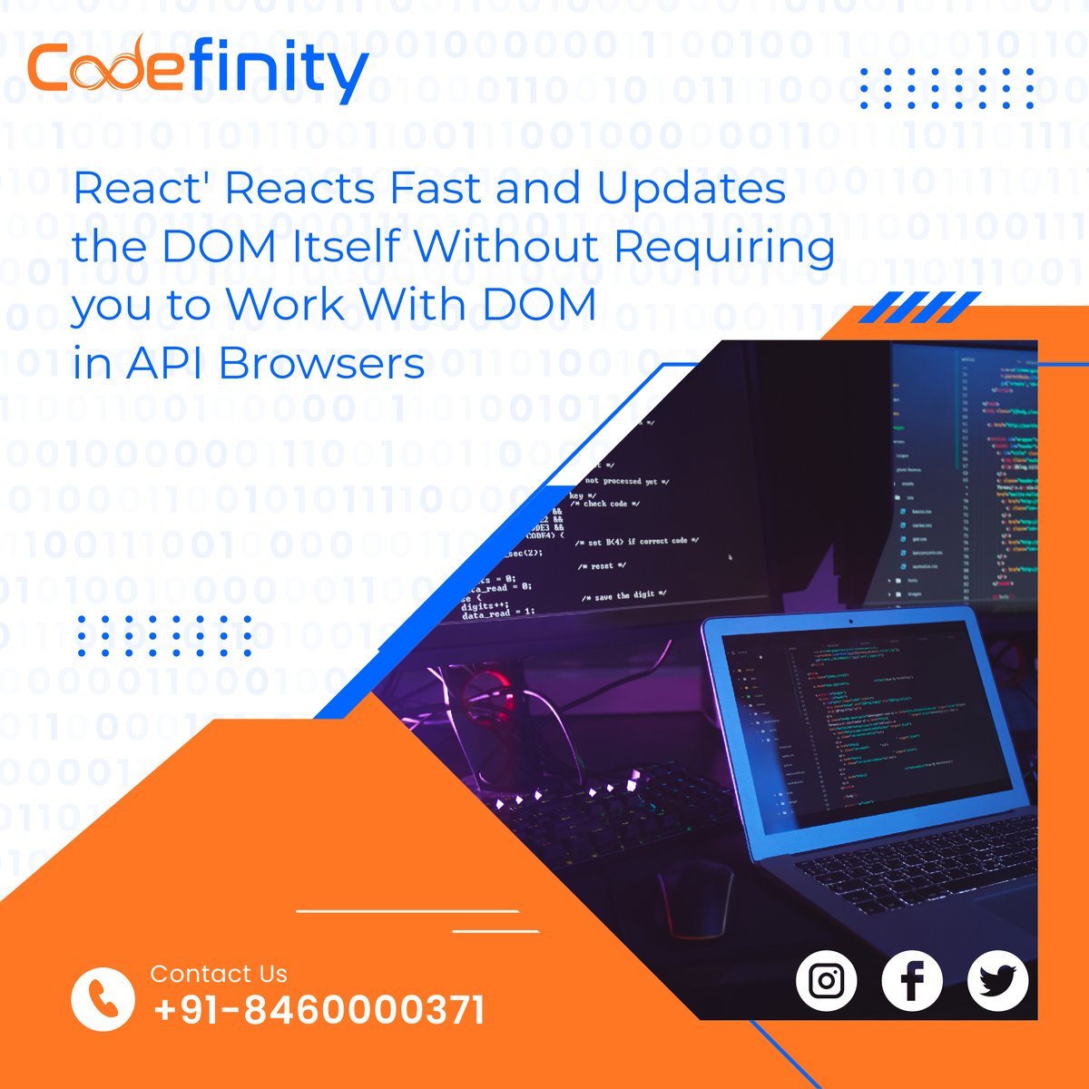 codefinity14's tweet image. Both React and Angular are similar in terms of the component architecture. 🖥️
Call @codefinity14
☎ +91-9427710375
#Codefinity #JavaScripts #ReactJS #FrontendDeveloper #Programmer #JavaScriptDeveloper