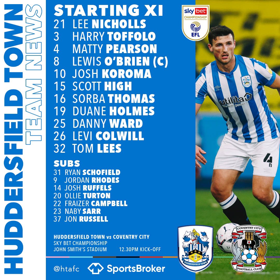 htafc's tweet photo. 🚨 TEAM NEWS 🚨

2️⃣ changes to the side for today’s @SkyBetChamp game against Coventry City, with @DuaneHolmes &amp; @mattypearson5 starting!

Ollie Turton &amp; Fraizer Campbell drop to the bench.

👏 Great to see Jordan Rhodes back among the substitutes too!

#htafc | @SportsBrokerHQ https://t.co/ISJ5wjt2eC