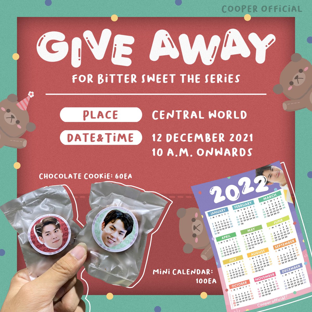 _cooperofficial's tweet photo. Give Away for #bittersweettheseries

ใครไปงานพรุ่งนี้ บ้านเรามีคุกกี้กับปฏิทินไปแจกนะคับบบบ มารับกันเยอะ ๆ น้า💖

Place: Central World
Date: 10 Dec 2021
Time: 10 โมงเป็นต้นไป

Special Thanks: @cooper_jpn
#Cooper_Patpasit
#แล้วแต่เปอร์ #มาเฟียตัวอ้วน #MyPepo https://t.co/Ei6E44lSYw