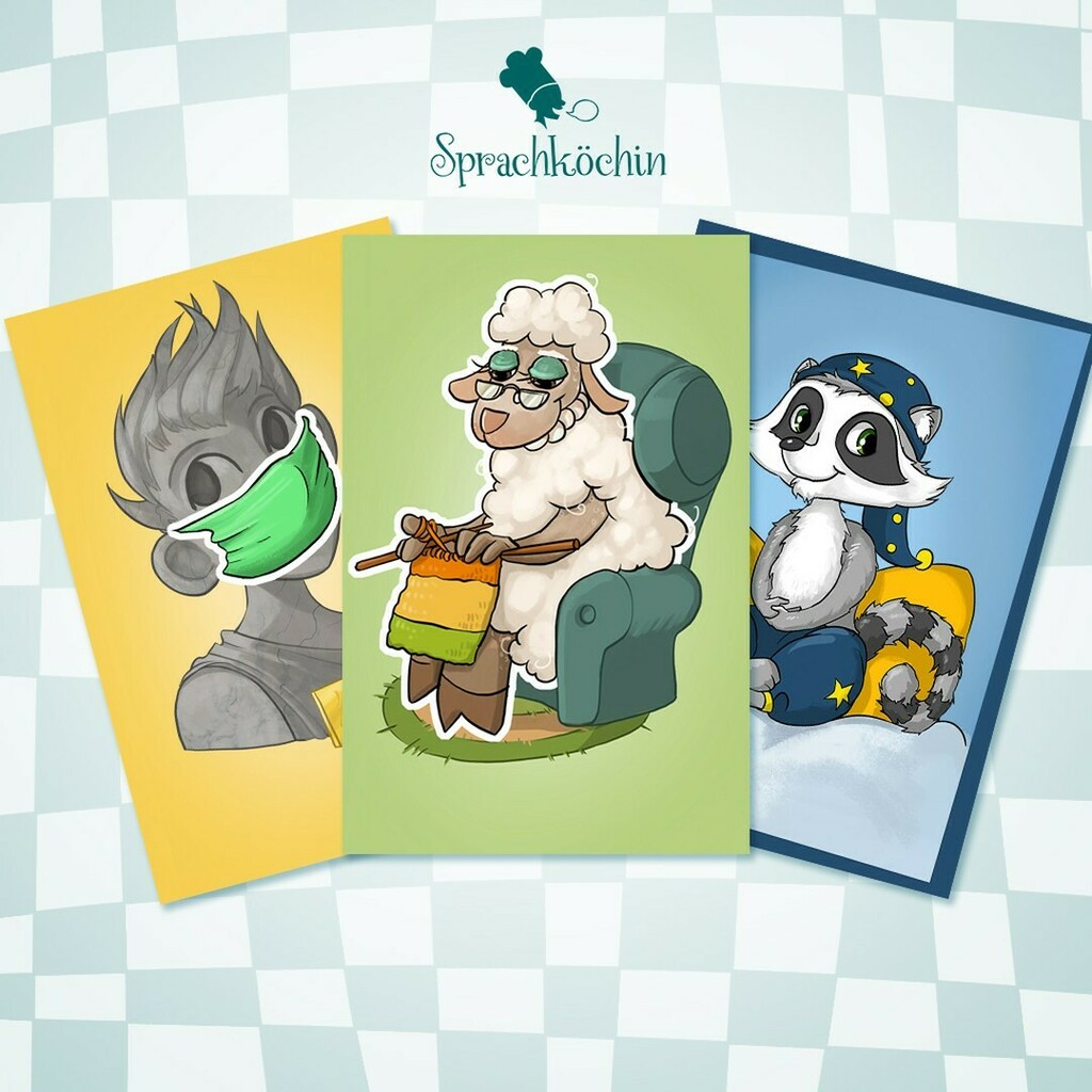 (client work) I am especially fond of the Waschbär (Racoon) and Sheep (Schaf) for "Sprachköchin". The Racoon was one of the first cards i did when still figuring out the style, level of detail and composition. These word cards are supposed to encourage the kids. In their fin…