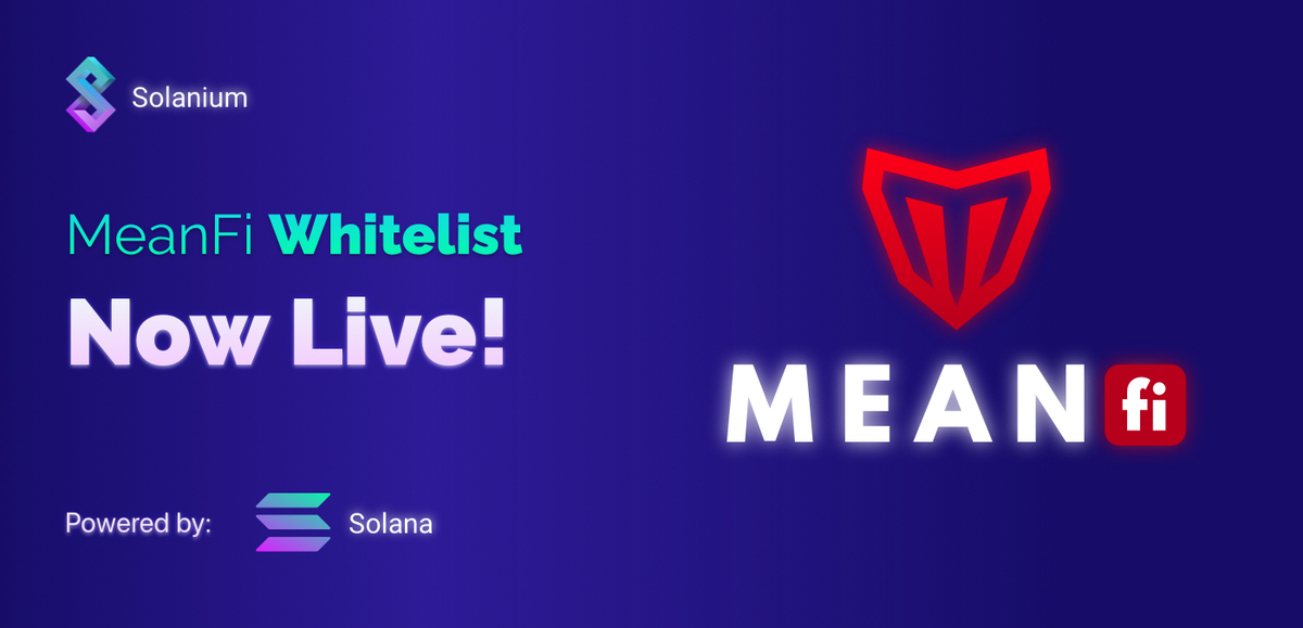 🚀 <a href="/meanfinance/">Mean Finance</a>  Whitelist is LIVE! 🚀

MeanFi brings Crypto and DeFi to everyday banking. You can definitely see MeanFi and Solanium partnering up frequently in the future as well! 

Whitelist here ➡️ solanium.io/project/meanfi/

IDO Guidelines ➡️ link.medium.com/eCsukTONTlb 

#Solana
