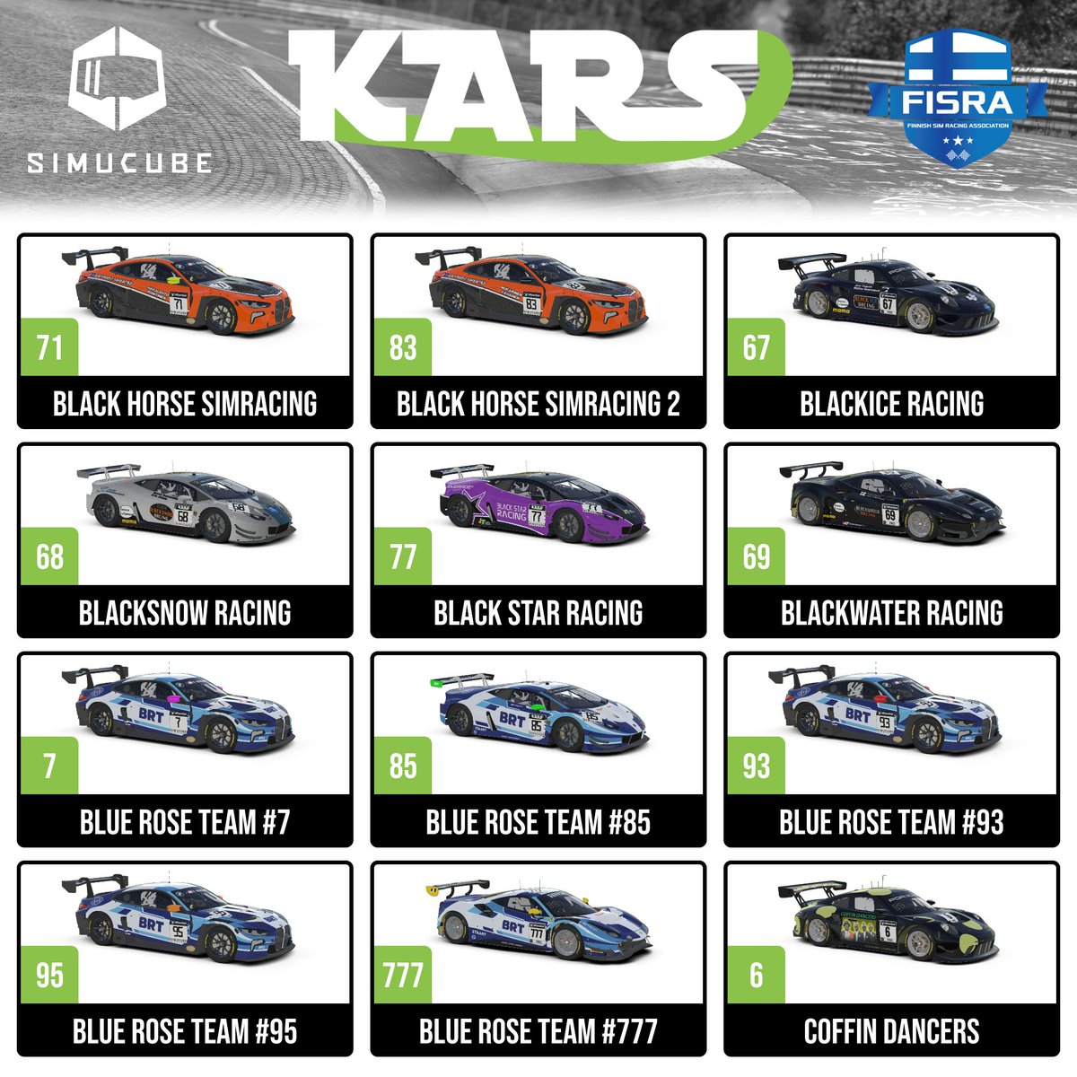 KarsFi's tweet photo. KARS Simucube Endurance Series -sarjassa vuorossa Road Atlantan kilpailu! Suora lähetys alkaa 16.00

Lähetys: https://t.co/pQhuOlki7i
Tiimit: https://t.co/2kbwvkheOi
Tulospalvelu: https://t.co/PKrzvlzATB

Sarjan mahdollistaa 
@Simucube
@simracingfi
 #KARS #simracingfi #esportsfi https://t.co/I3Y7PvWnJg