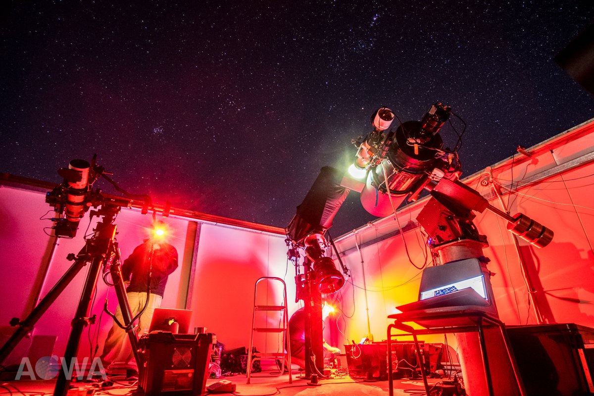 AstroObsWA's tweet photo. It was all hapenning in one corner of the observatory last night - flat frames, polar alignment, reconfiguration! Great night, great skies. #Astrophotography https://t.co/vlRCJ1efAY