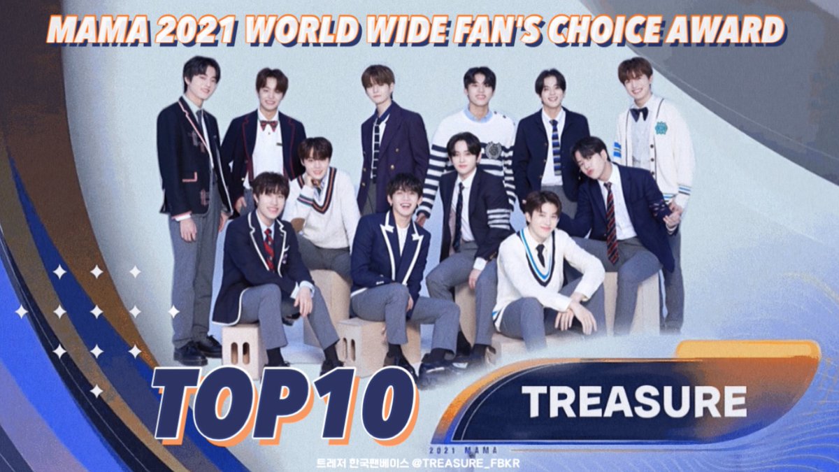 [🏆] MAMA 2021 Worldwide Fan's Choice TOP 10 

🎉TREASURE🎉 

트레저가 Worldwide Fan's Choice 부문에서  수상을 했습니다✌️
💎트레저&amp;트레저메이커💎 축하합니다🎉

#올해도_마마상을_받은_우리짱레저
#트레저 #TREASURE 
<a href="/treasuremembers/">TREASURE</a>