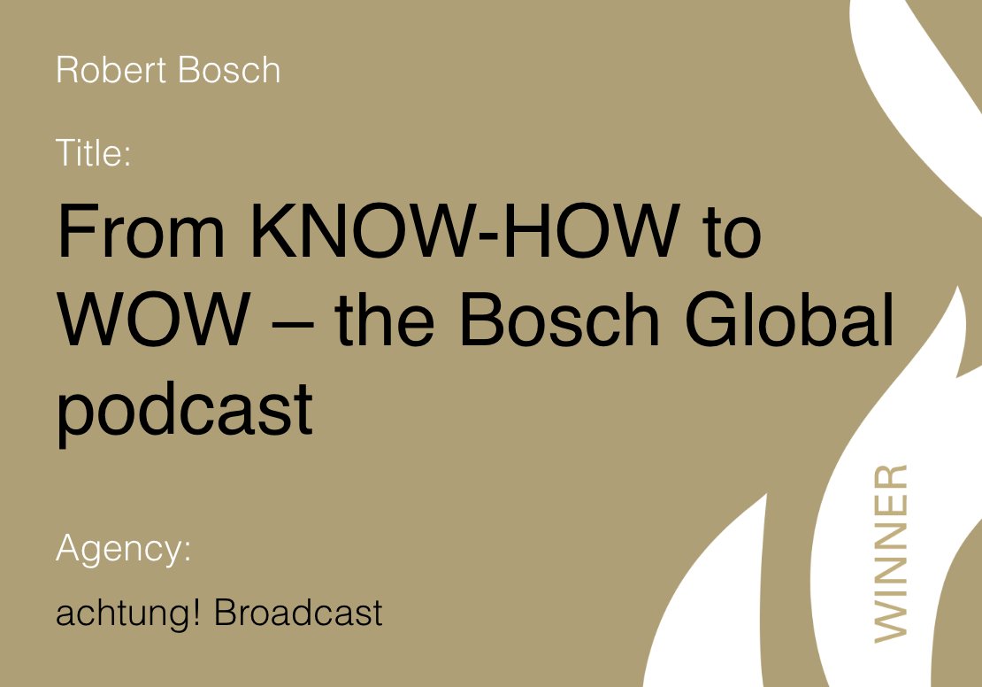 From "KNOW-HOW to WOW – the Bosch Global Podcast" gewinnt beim EUROPEAN EXCELLENCE AWARD! In der Kategorie "Digital Publishing"! Hammer! Glückwunsch an unseren Kunden Bosch und an <a href="/FrauMutterer/">Felicia Mutterer</a> und ihr Team bei Achtung! Broadcast!

Hier geht's zum Podcast: bosch.com/stories/podcas…