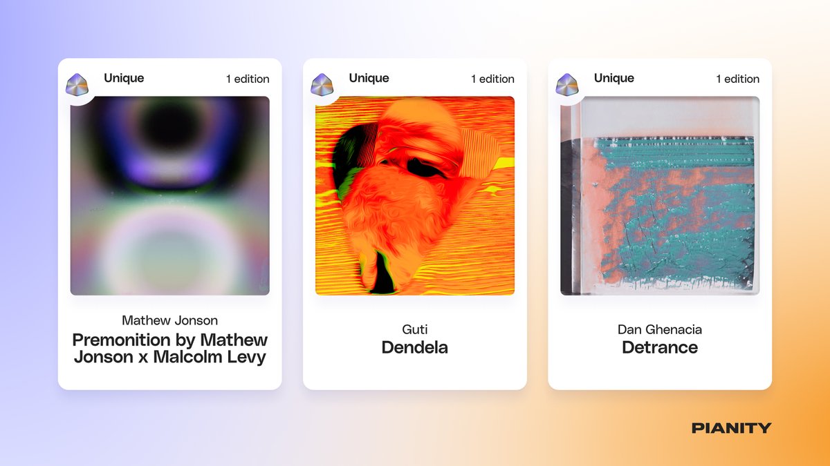 ⚡️Special #NFTdrop today with House and Techno masterpieces of <a href="/mathewjonson/">Mathew Jonson</a>
 @dan_ghenacia and <a href="/GutiTweets/">Guti</a>

💎 Rare Editions available and Unique Editions auctioned until tomorrow 6pm CET

👉 Pianity.com/market 
#NFT #NFTmusic