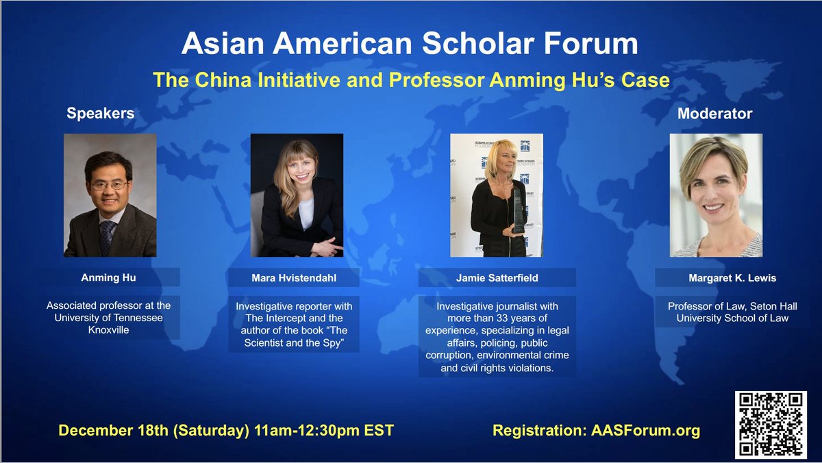 Prof. Anming Hu will talk about his trial under the "China Initiative" and will be joined with two investigative reporters, Mara Hvistendahl and Jamie Satterfield who covered his trail. Prof. Margaret Lewis, author of "Criminalizing China" will moderate.  11am EST on December 18.