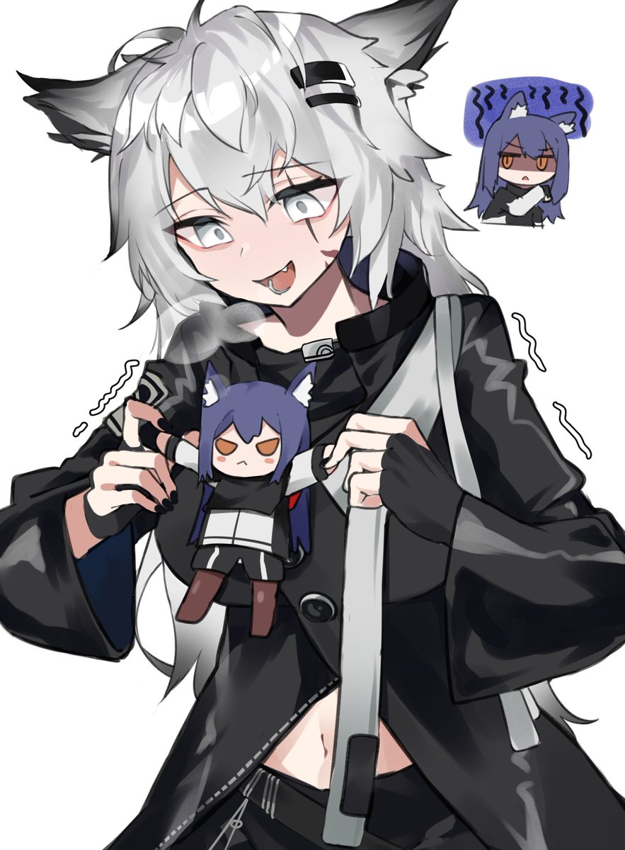 lappland (arknights) ,texas (arknights) animal ears wolf ears long hair grey eyes scar scar across eye jacket  illustration images