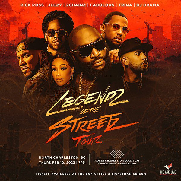 NChasColiseum's tweet photo. ON SALE NOW ๐จ The Legendz of the Streetz Tour 2022 ft. @RickRoss, @2chainz, @Jeezy, @myfabolouslife, @TRINArockstarr, and @DJDRAMA is coming to the #NChasColiseum on February 10. Tickets are on sale now โก https://t.co/H2Azwe7WLk https://t.co/P5WULi90cK