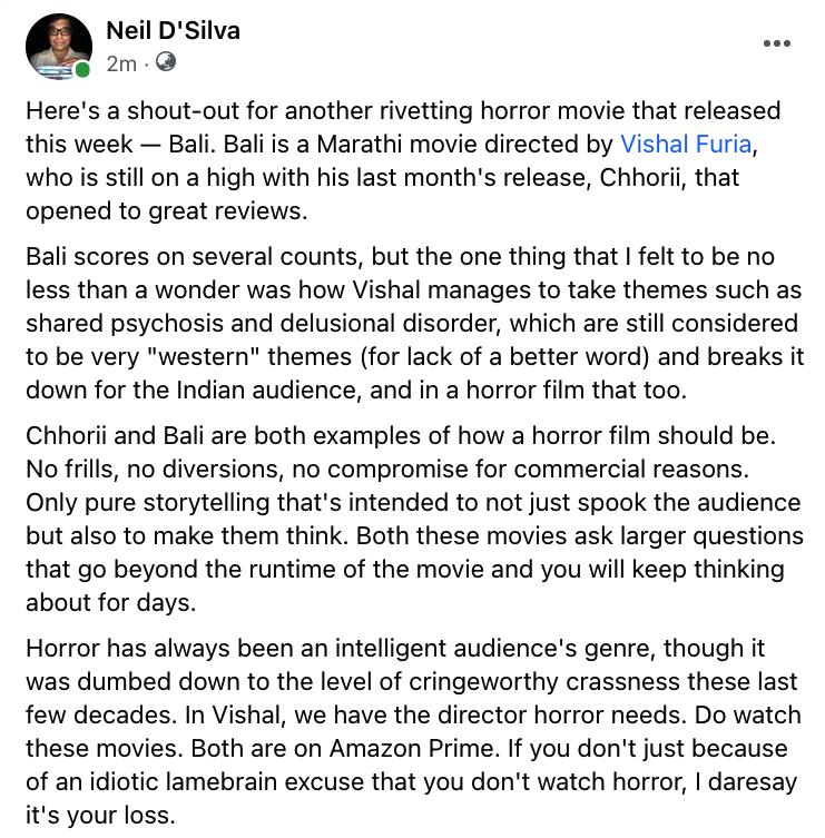 A shout-out for #Bali, the Marathi #horror movie released this week. Directed by @FuriaVishal, this is yet another must-watch (after his #Chhorii last month). Vishal is th e director Indian horror needs. Do watch both #Chhorii and #Bali on Amazon Prime.
#horrorfamily