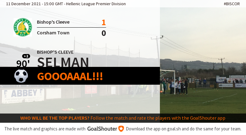 BishopsCleeveFC's tweet photo. 90'+2 #BISCOR 1-0: Selman (Bishop's Cleeve) scores! Assist by Rhodes. Great play by Waugh and Rhodes on the right and latter whips a cross in for Selman https://t.co/H2KvibFCoI