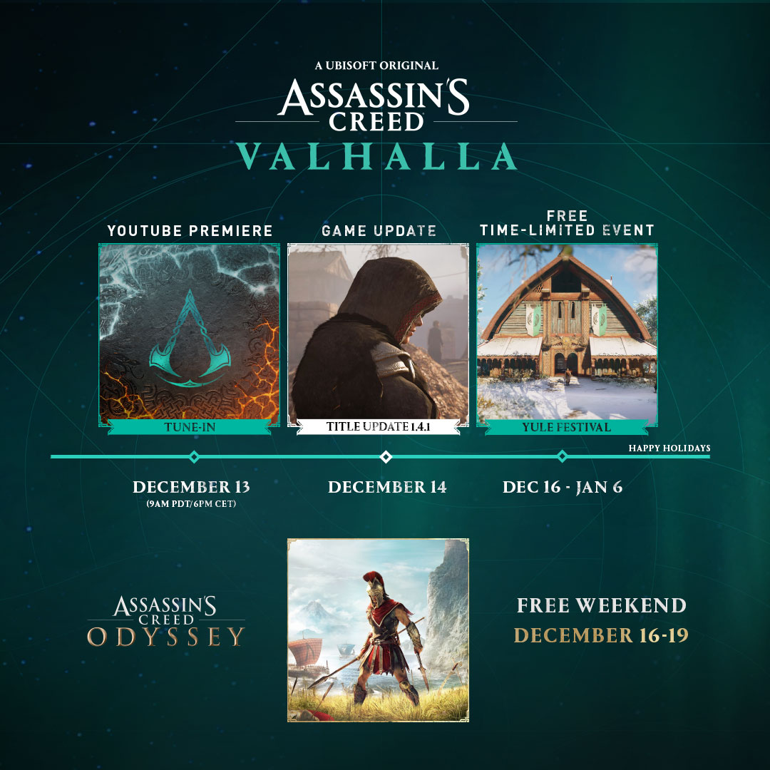 An image showcasing future updates for Assassin's Creed Valhalla. The first is a mystery Youtube premiere on Dec 13, followed by Title Update 1.4.1 on Dec 14. Finally the Yule Festival happening from Dec 16 to Jan 6. Below is a reminder for the Assassin's Creed Odyssey free weekend happening from Dec 16 to 19.
