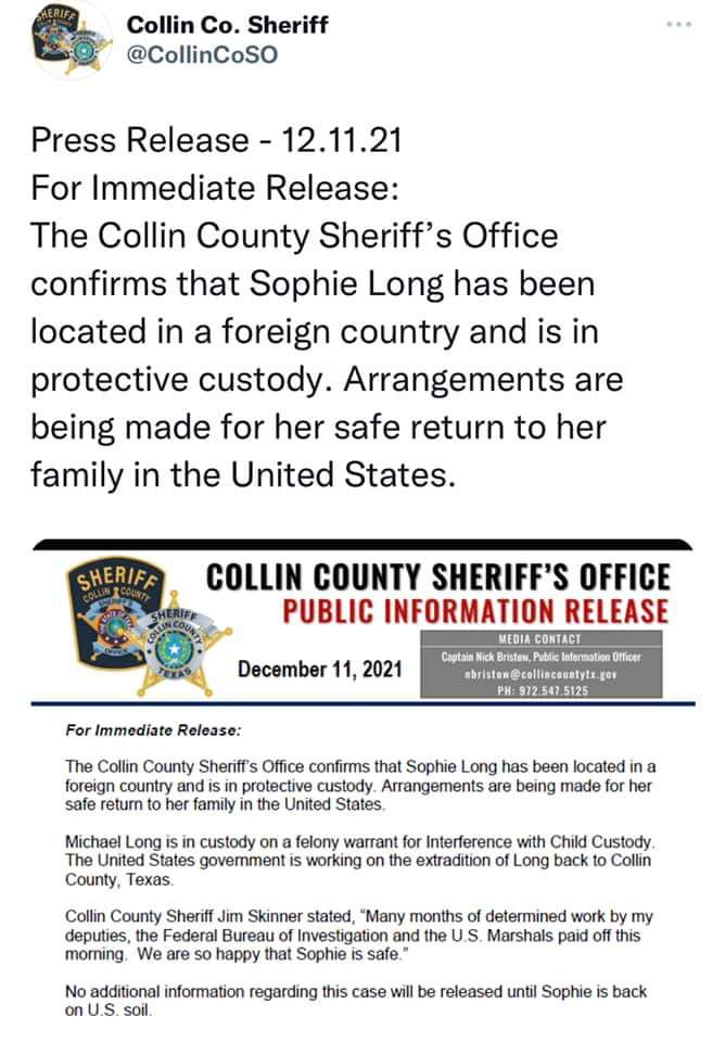 🚩Sophie Long~Found Overseas🚩 She's in Protective Custody, while they arrange for her to come home! Michael Long has been arrested &amp; will be extradited!
#SophieLong 
#BringSophieH0ME @Moms4Missing <a href="/Nikischmidt927/">Nichole Schmidt</a> <a href="/josephpetito/">joseph petito</a> <a href="/BrianEntin/">Brian Entin</a> <a href="/CoffindafferFBI/">Jennifer Coffindaffer</a> <a href="/TheSportyHelper/">Sporty (New Account)</a>
