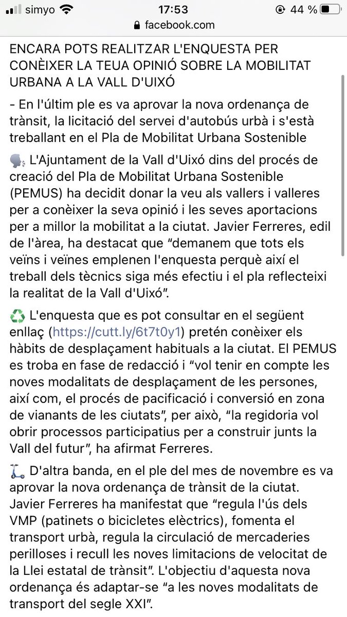 CsLaVall's tweet photo. Aplaudim la iniciativa de donar veu a la ciutadania al pla de mobilitat urbana així com la realització d'este; però creiem que el més coherent seria, primer, esperar els resultats de l'enquesta i després realitzar dits canvis, no utilizar el comodí del públic. https://t.co/TKhlnydG6i