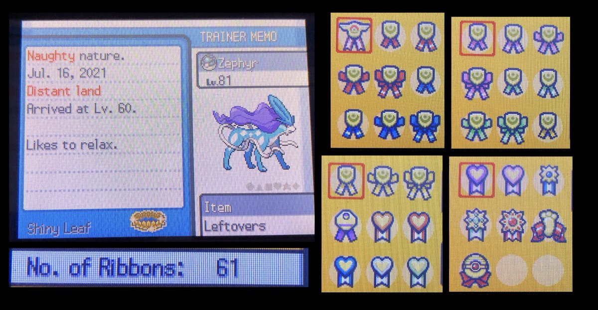 69DUDLEY666's tweet photo. So far we’ve collected all ribbons from Orre, Hoenn, Sinnoh &amp; Johto including the Shiny Leaf Crown! Just need those last Battle Tower Ribbons 👀😳😬 #Pokemon #Suicune #RibbonMastersChallenge https://t.co/LoHPErn3f2