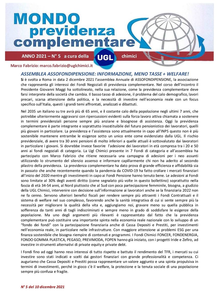 uglchimici's tweet photo. È uscito il nr 5 di "Mondo Previdenza Complementare" curato da Marco Fabrizio.
Si parla dell'ASSEMBLEA #ASSOFONDIPENSIONE: INFORMAZIONE, MENO #TASSE + #WELFARE! https://t.co/I31a0SeYYs