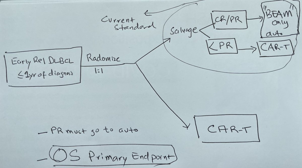 How a second line DLBCL trial that convincingly changes SOC could have been designed 👇 

SOC should been current ‘actual’ standard ie auto for chemosensitive and CAR for <PR to 2nd line 
vs.
CAR for everyone 

&amp; OS as primary endpoint ⬅️⬅️
#ash21 #lymsm #bmtsm