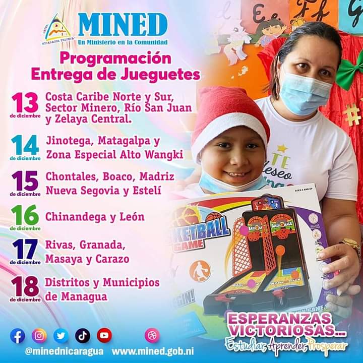🗓 Calendario de Entrega de Juguetes que envía con amor el Presidente Daniel Ortega y  Vicepresidenta Rosario Murillo, a la niñez nicaragüense.
#DanielYElPuebloPresidentes 
#DiciembreEnPazYVictorias