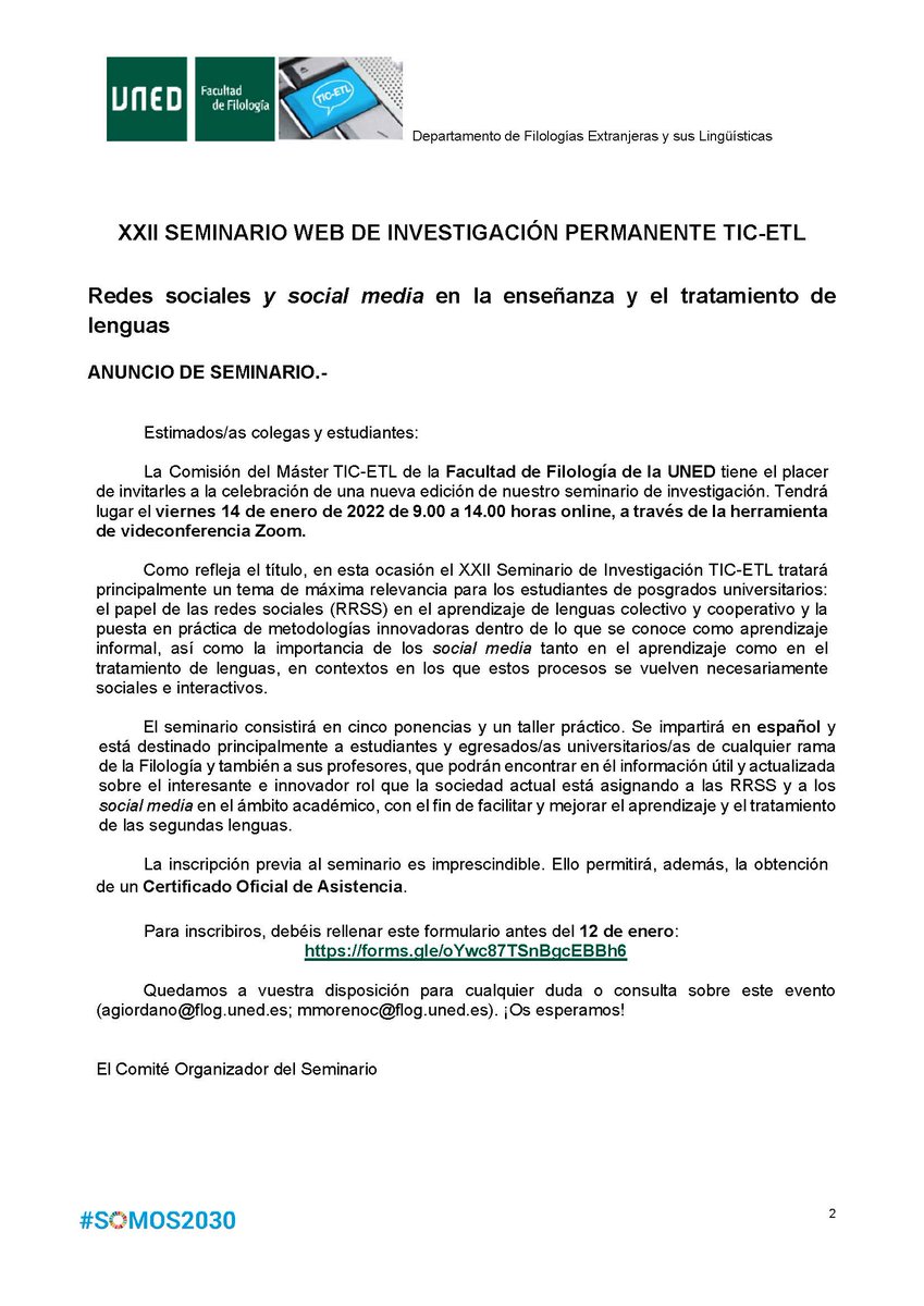 El 14 de enero vía Zoom se celebrará el XXII SEMINARIO WEB DE INVESTIGACIÓN PERMANENTE TIC-ETL. Redes sociales y social media en la enseñanza y el tratamiento de lenguas. Inscripción hasta el 12 de enero: forms.gle/oYwc87TSnBgcEB…