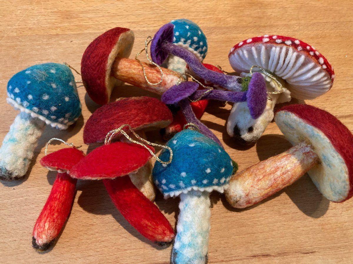 SarickwoodSarah's tweet photo. Nothing says Christmas like felted fungi- this little lot of Amethyst Deceivers, Splendid Waxcaps, Ruby Boletes and Agarics verdigris and Fly are destined for the Christmas tree. Thankyou @fungi_felted for their creation. https://t.co/PeysPjMYSL
