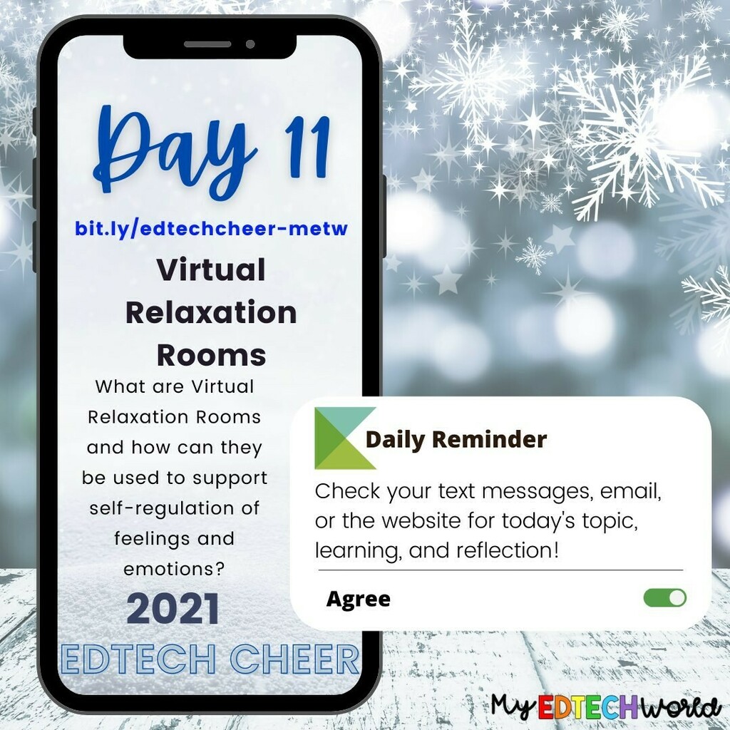 myedtechworld's tweet photo. Day 11 of #EdTechCheer - Virtual Relaxation Rooms! Looking for a (digital) space where students can kick back and relax while allowing themselves the space to calm down? Virtual Relaxation Rooms are the place to be at then! https://t.co/baxsF0k2JW #edtech #miched https://t.co/a5zp0D9kV0
