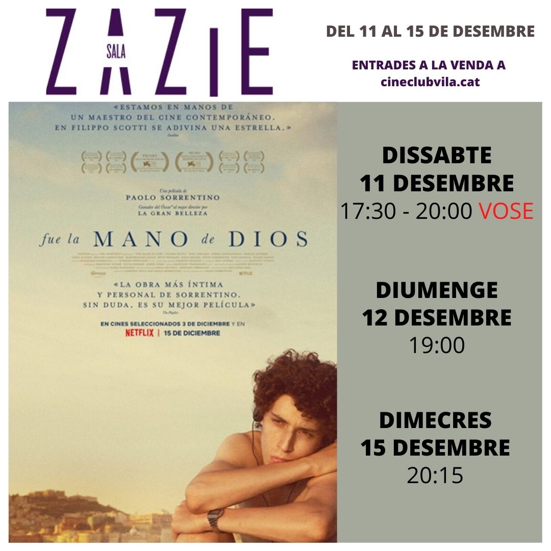 A partir d'aquesta tarda a Cineclub Vilafranca podreu gaudir de la nova gran pel·lícula de Paolo Sorrentino: 'Fue la mano de Dios'.
L'obra més personal del seu director, guanyador de l'Oscar per 'La Gran Belleza'.
Us esperem a la Sala Zazie!