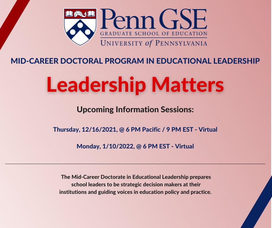 #Educators, learn more about being an Ed.D. student <a href="/PennGSE/">Penn GSE</a>'s Mid-Career Doctoral Program in #edleadership 🤔 Take the first step toward a life-changing experience and register for a program information session! #K12 #principals #superintendents
bit.ly/3DLJ0o5